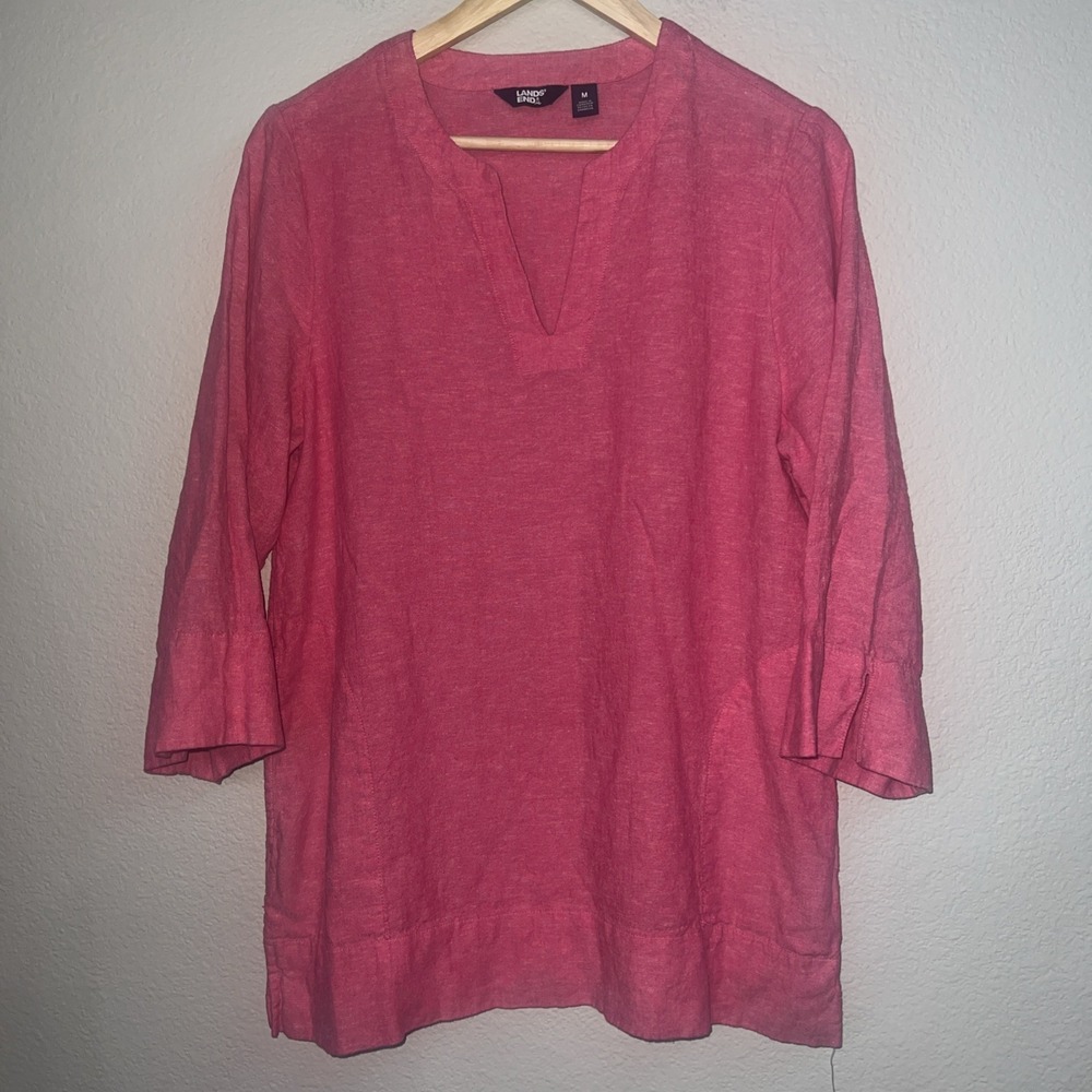LANDS' END PINK Linen‎ Blend Tunic Split Neck Pockets Top Blouse MEDIUM